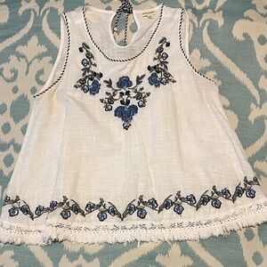 White Sleeveless Top with Blue Floral Embroidery